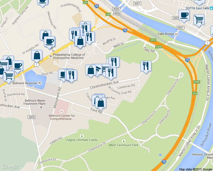 map of restaurants, bars, coffee shops, grocery stores, and more near 3910 Conshohocken Avenue in Philadelphia
