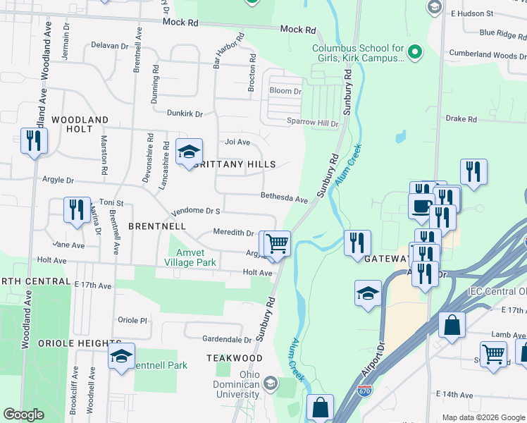 map of restaurants, bars, coffee shops, grocery stores, and more near 2477 Vendome Drive South in Columbus