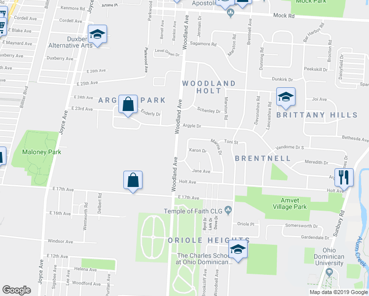 map of restaurants, bars, coffee shops, grocery stores, and more near 1662 Geraldine Avenue in Columbus