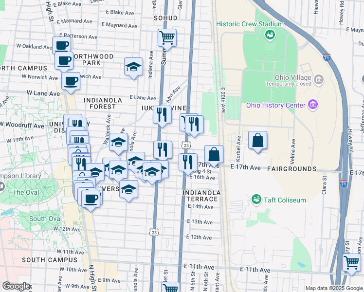 map of restaurants, bars, coffee shops, grocery stores, and more near 331 East 18th Avenue in Columbus