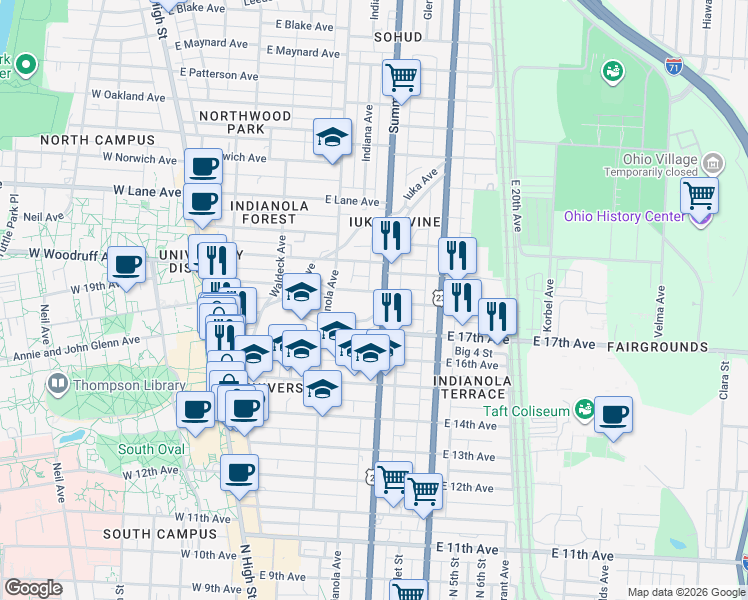 map of restaurants, bars, coffee shops, grocery stores, and more near in Columbus