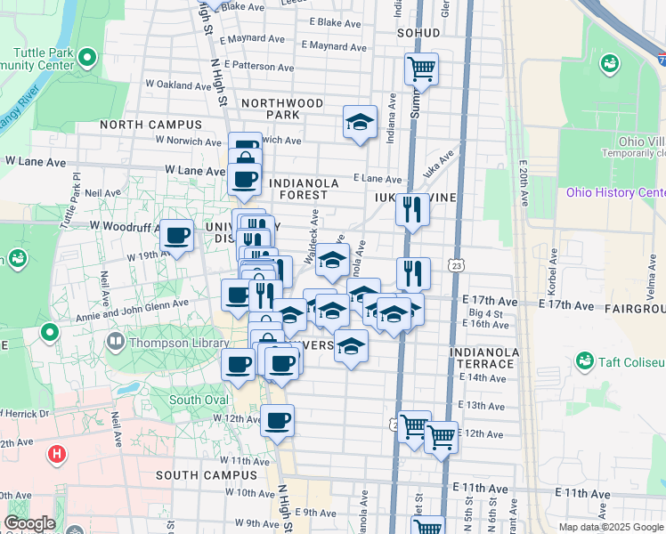 map of restaurants, bars, coffee shops, grocery stores, and more near 1911 Indianola Avenue in Columbus
