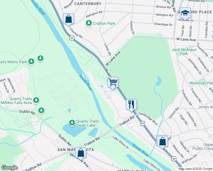 map of restaurants, bars, coffee shops, grocery stores, and more near 2380 Lane Woods Drive in Columbus