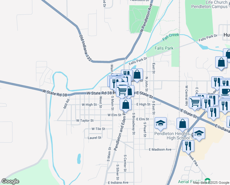 map of restaurants, bars, coffee shops, grocery stores, and more near 112 South Main Street in Pendleton