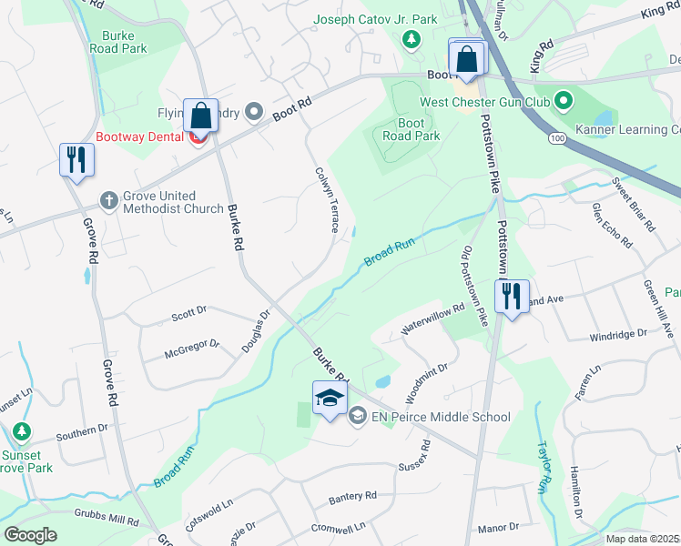 map of restaurants, bars, coffee shops, grocery stores, and more near 290 Colwyn Terrace in West Chester