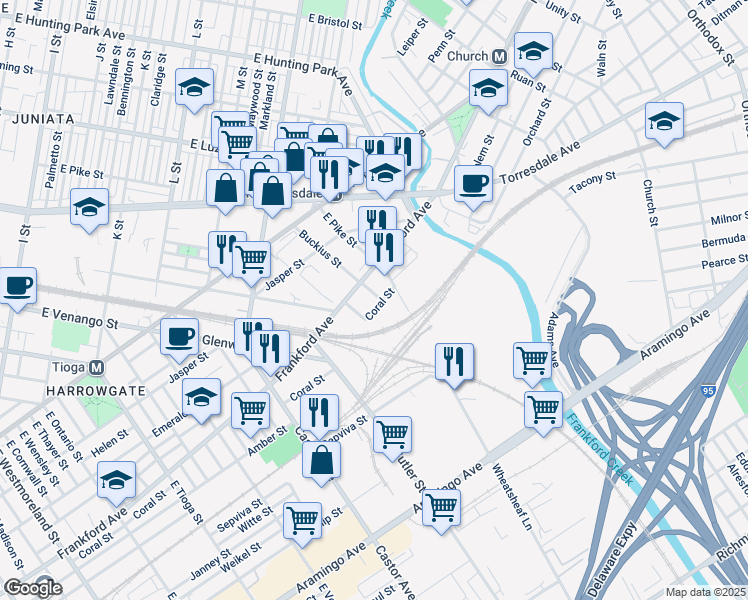 map of restaurants, bars, coffee shops, grocery stores, and more near 2030 Buckius Street in Philadelphia