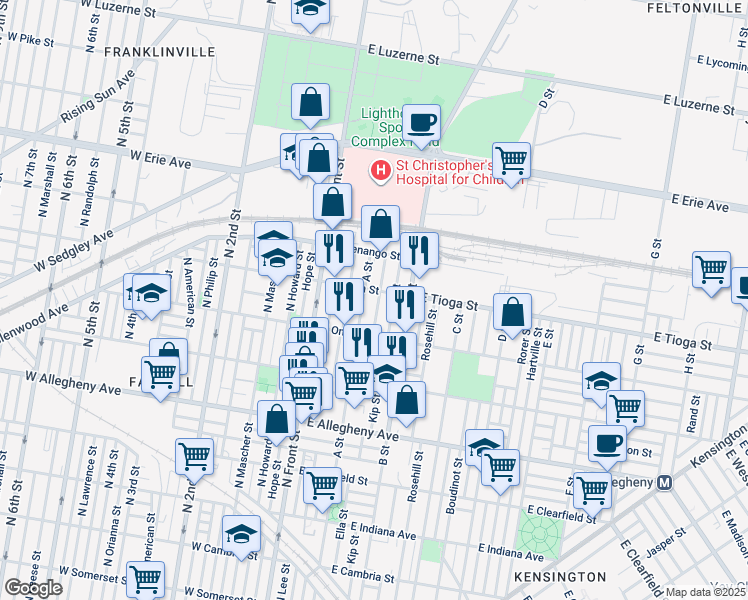 map of restaurants, bars, coffee shops, grocery stores, and more near 3456 Ella Street in Philadelphia