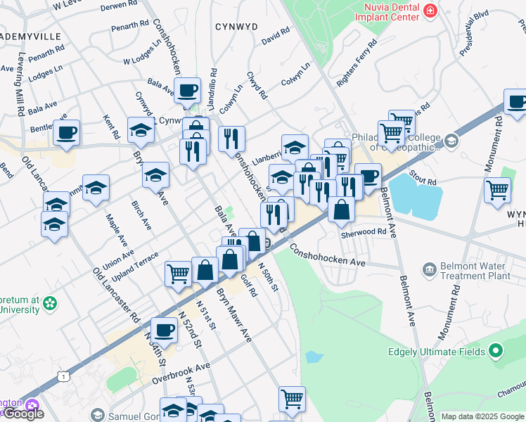 map of restaurants, bars, coffee shops, grocery stores, and more near 20 Conshohocken State Road in Bala Cynwyd