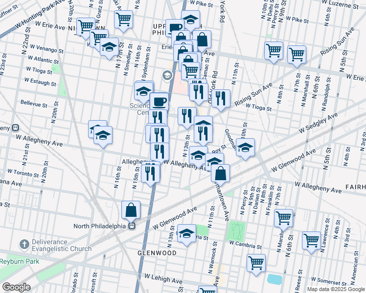 map of restaurants, bars, coffee shops, grocery stores, and more near 3248 North 13th Street in Philadelphia