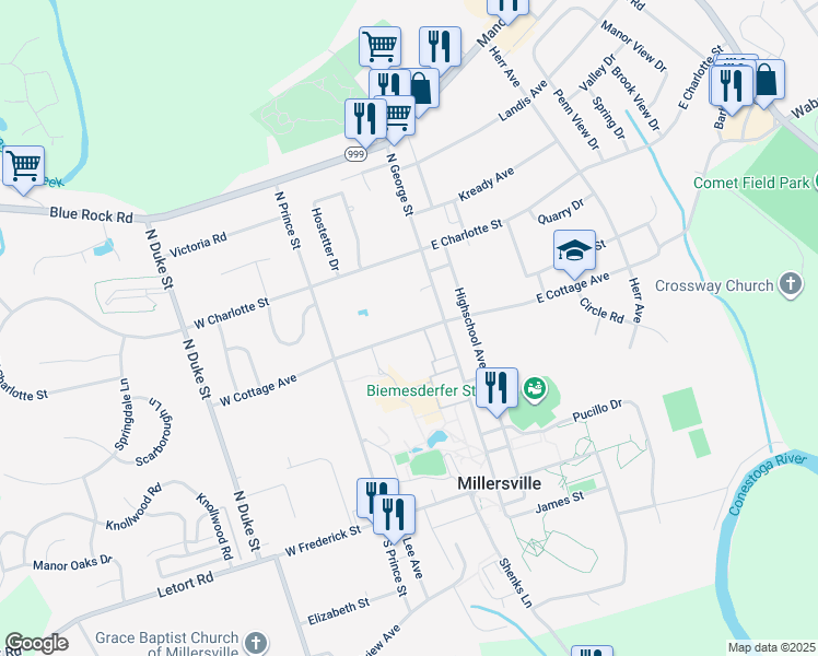 map of restaurants, bars, coffee shops, grocery stores, and more near 25 West Cottage Avenue in Millersville