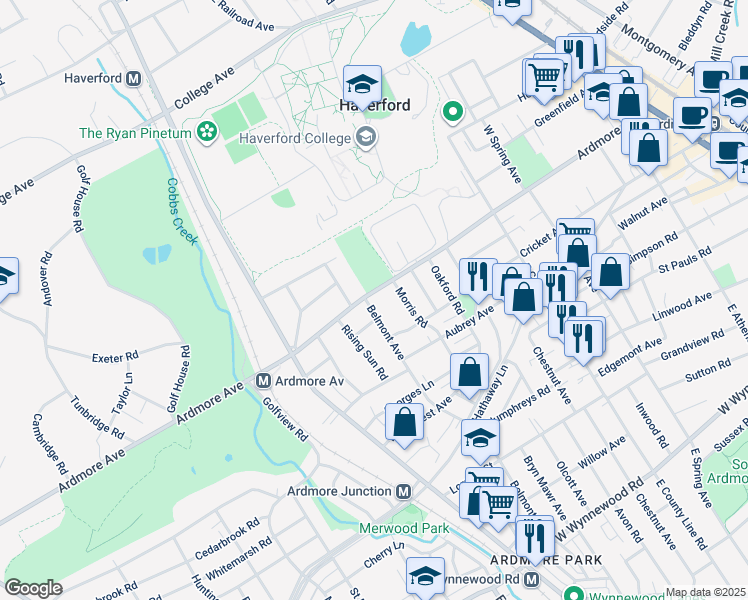map of restaurants, bars, coffee shops, grocery stores, and more near 665 Ardmore Avenue in Ardmore