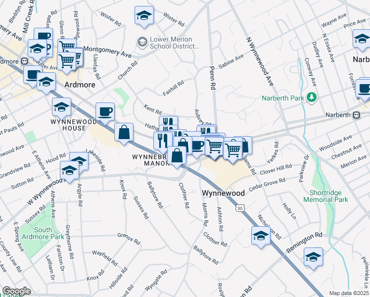 map of restaurants, bars, coffee shops, grocery stores, and more near 23 Hampstead Circle in Wynnewood