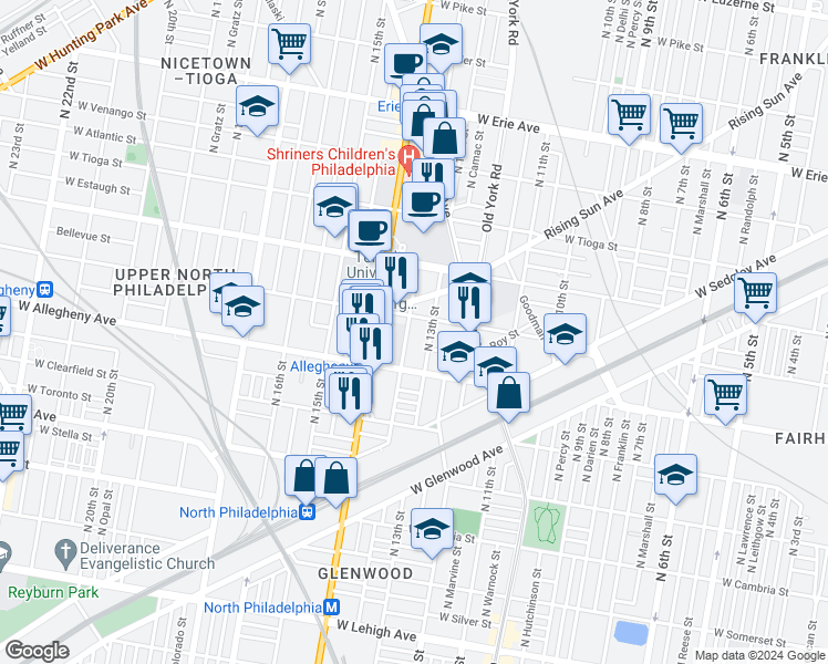 map of restaurants, bars, coffee shops, grocery stores, and more near 3247 North Park Avenue in Philadelphia