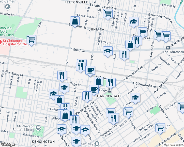 map of restaurants, bars, coffee shops, grocery stores, and more near 3525 I Street in Philadelphia