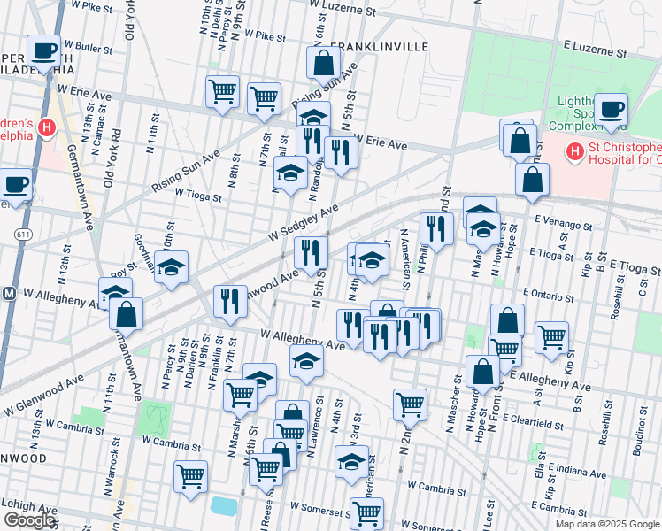 map of restaurants, bars, coffee shops, grocery stores, and more near 3356 North Orkney Street in Philadelphia
