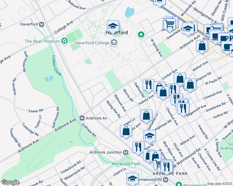 map of restaurants, bars, coffee shops, grocery stores, and more near 665 Ardmore Avenue in Ardmore
