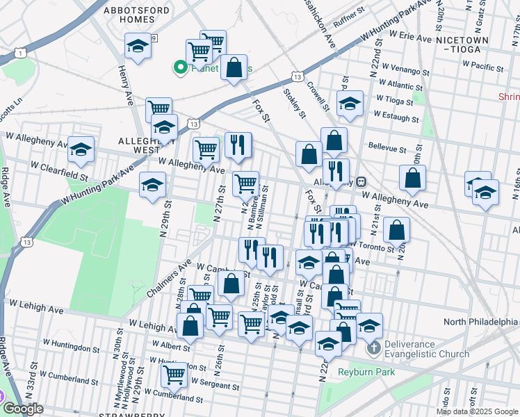 map of restaurants, bars, coffee shops, grocery stores, and more near 3102 North Stillman Street in Philadelphia