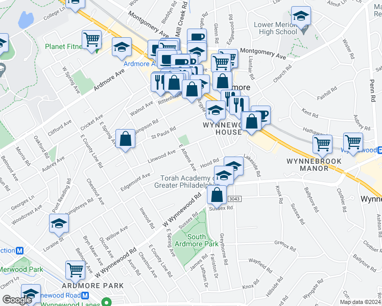 map of restaurants, bars, coffee shops, grocery stores, and more near 106 Grandview Road in Ardmore