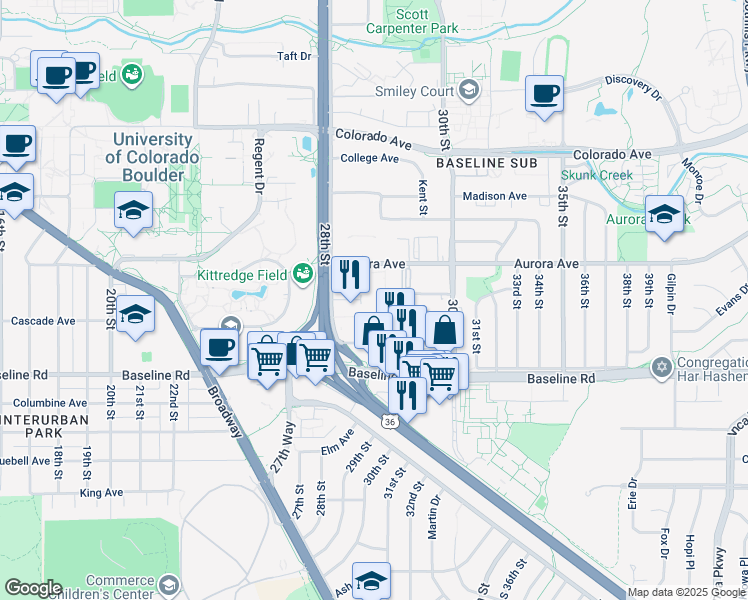 map of restaurants, bars, coffee shops, grocery stores, and more near 805 29th Street in Boulder