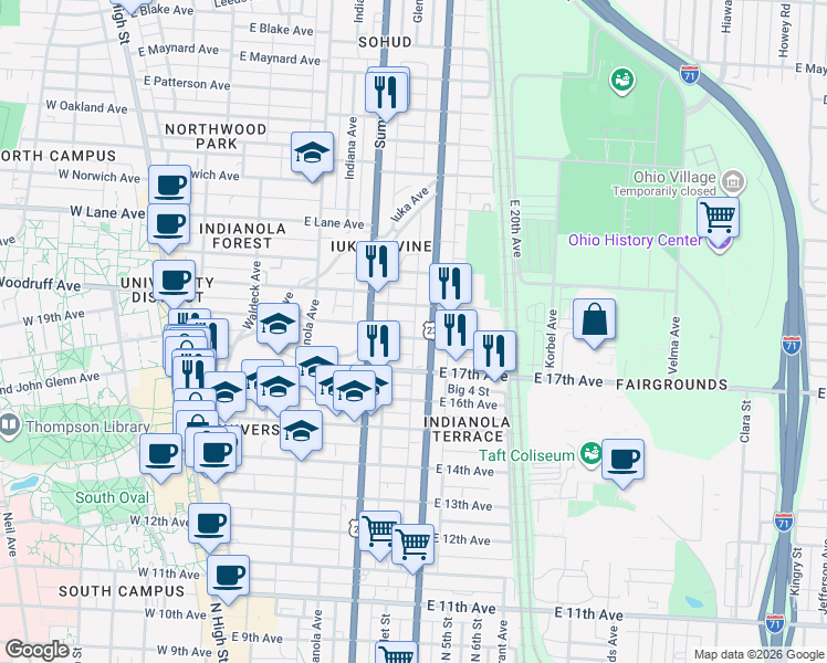 map of restaurants, bars, coffee shops, grocery stores, and more near 338 East 18th Avenue in Columbus