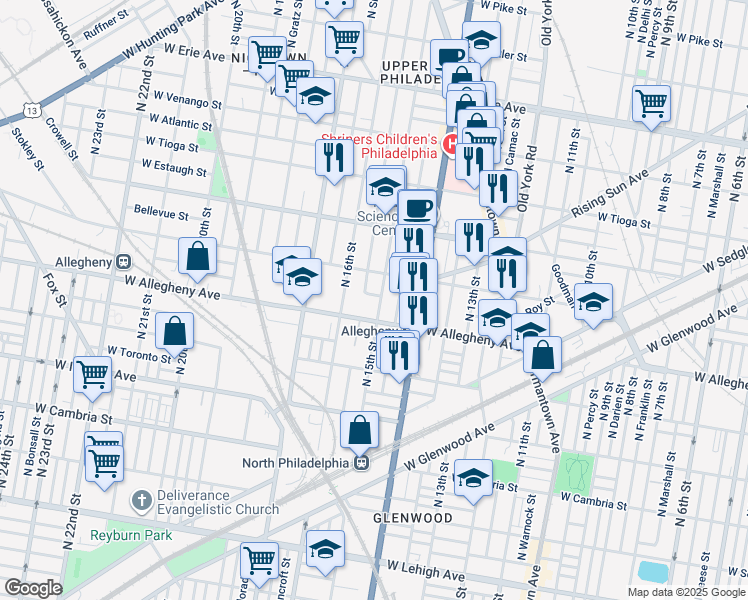 map of restaurants, bars, coffee shops, grocery stores, and more near 3222 North 15th Street in Philadelphia