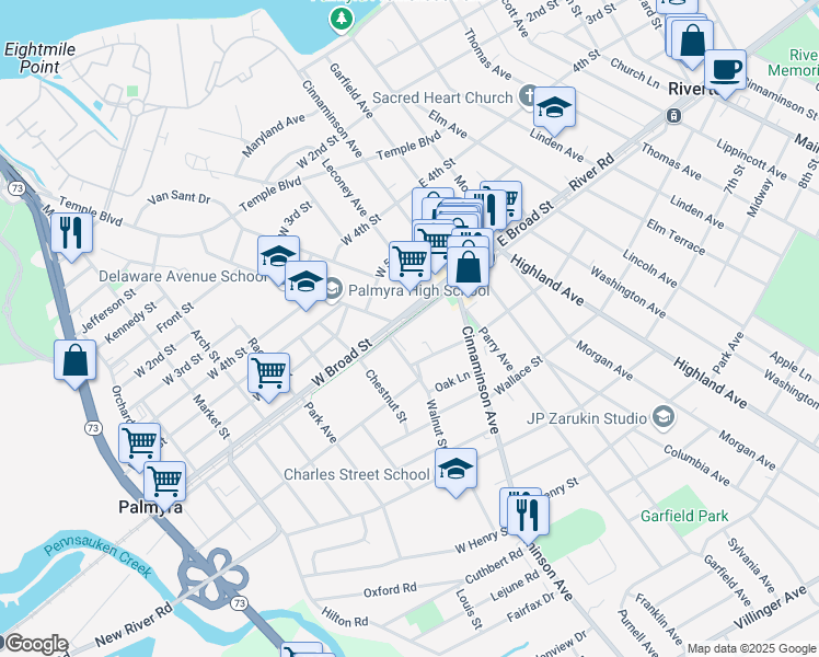 map of restaurants, bars, coffee shops, grocery stores, and more near 40 West Broad Street in Palmyra