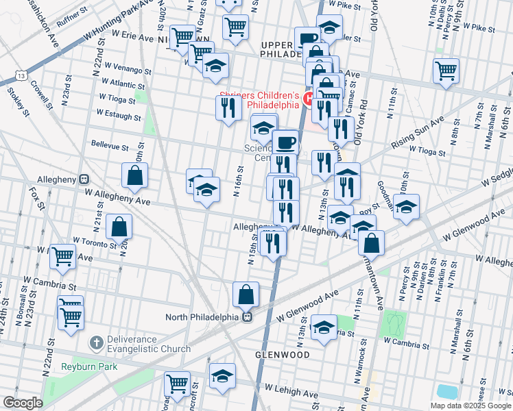 map of restaurants, bars, coffee shops, grocery stores, and more near 3222 North 15th Street in Philadelphia