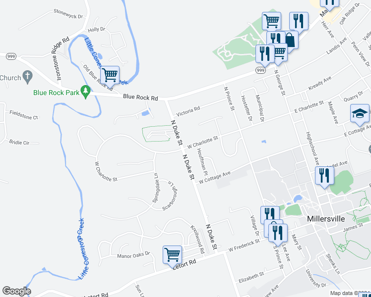 map of restaurants, bars, coffee shops, grocery stores, and more near 278 West Charlotte Street in Millersville
