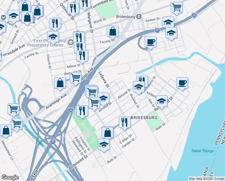 map of restaurants, bars, coffee shops, grocery stores, and more near 4501 Belgrade Street in Philadelphia