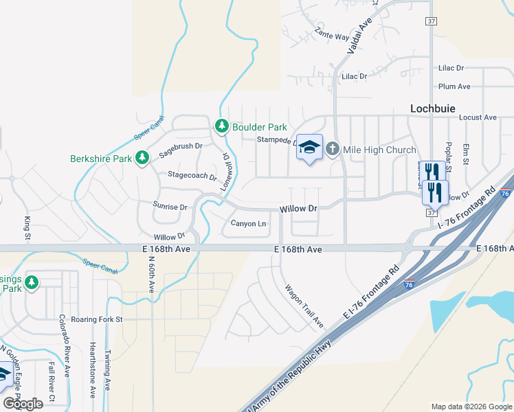 map of restaurants, bars, coffee shops, grocery stores, and more near 724 Willow Drive in Lochbuie