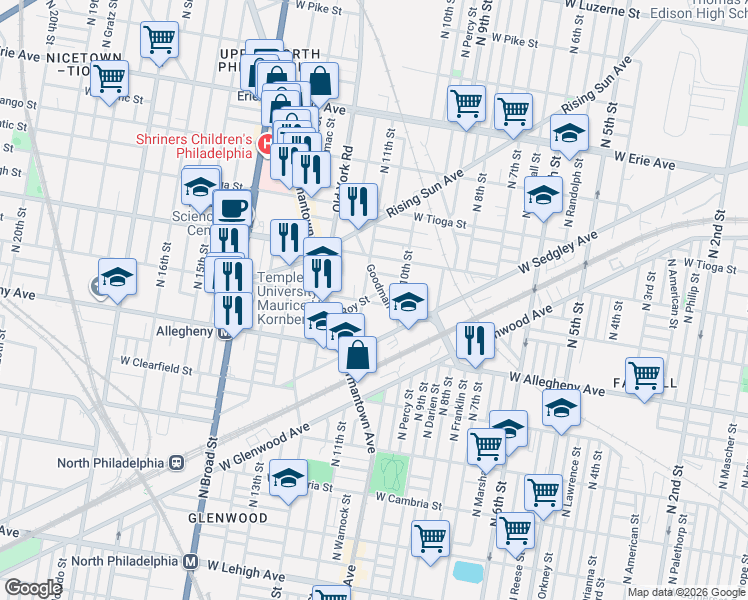 map of restaurants, bars, coffee shops, grocery stores, and more near 1052 Roy Street in Philadelphia