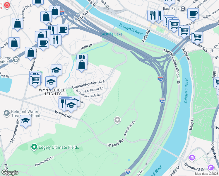 map of restaurants, bars, coffee shops, grocery stores, and more near 2725 East Country Club Road in Philadelphia