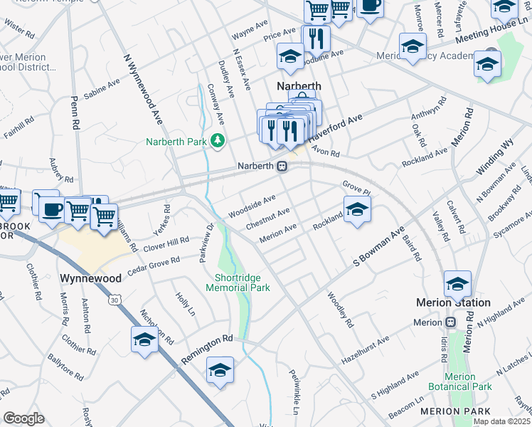 map of restaurants, bars, coffee shops, grocery stores, and more near 104 Chestnut Avenue in Narberth