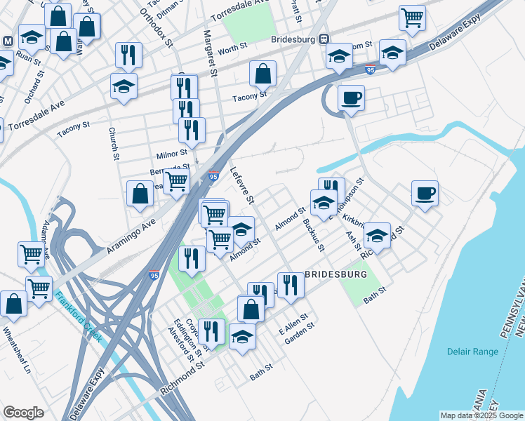 map of restaurants, bars, coffee shops, grocery stores, and more near 2531 Lefevre St in Philadelphia