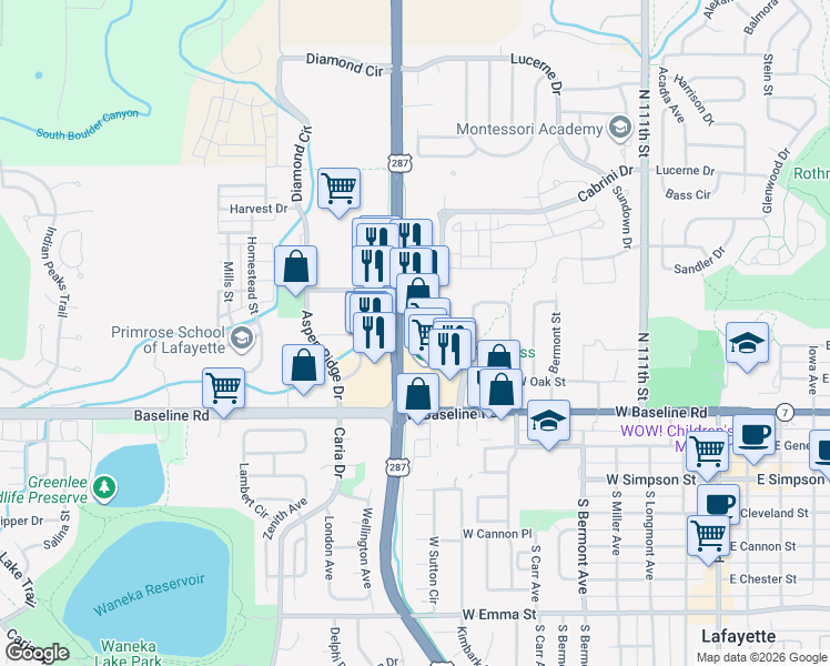 map of restaurants, bars, coffee shops, grocery stores, and more near 480 U.S. 287 in Lafayette