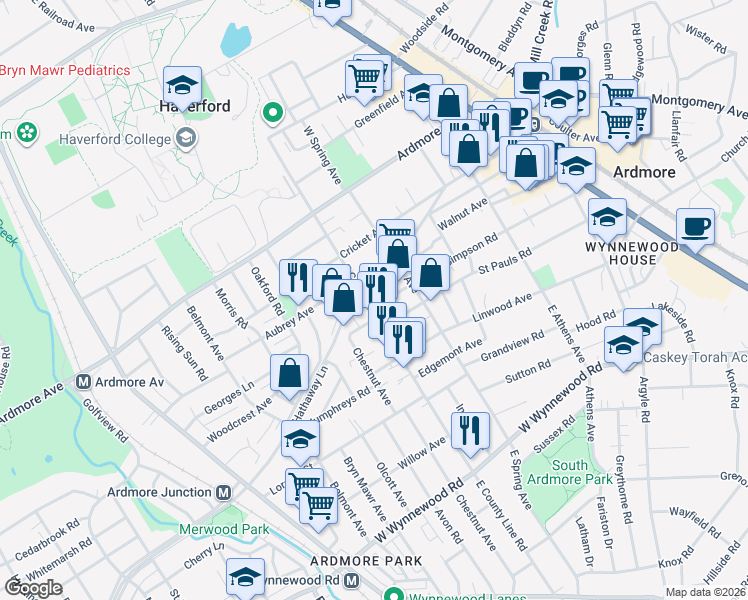 map of restaurants, bars, coffee shops, grocery stores, and more near 107 East County Line Road in Ardmore