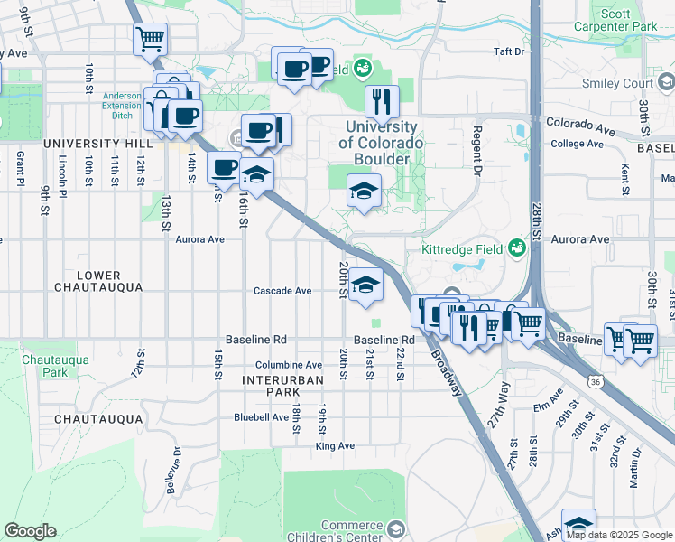 map of restaurants, bars, coffee shops, grocery stores, and more near in Boulder