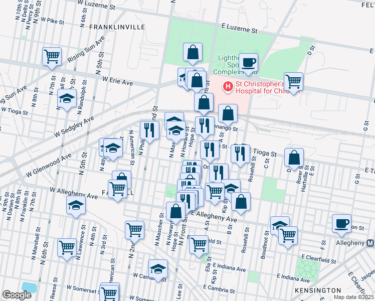 map of restaurants, bars, coffee shops, grocery stores, and more near 3456 North Hope Street in Philadelphia
