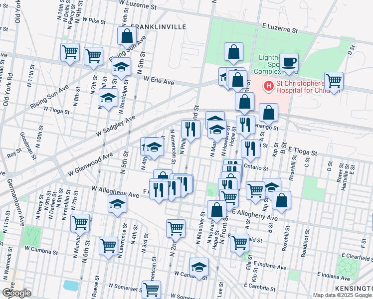 map of restaurants, bars, coffee shops, grocery stores, and more near 3414 North 2nd Street in Philadelphia