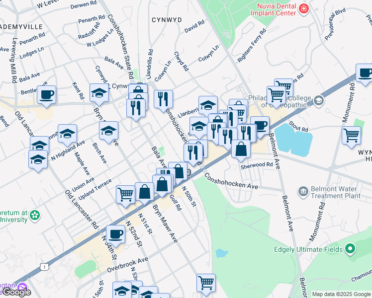 map of restaurants, bars, coffee shops, grocery stores, and more near 20 Conshohocken State Road in Bala Cynwyd