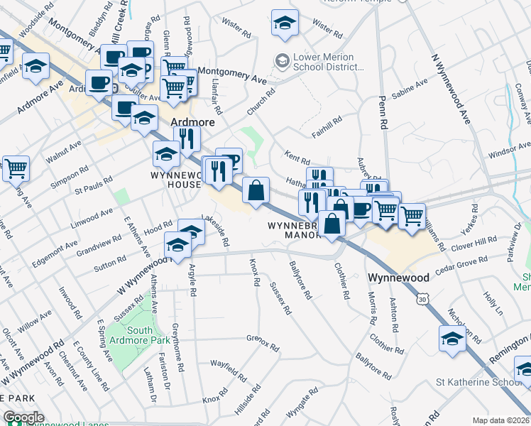 map of restaurants, bars, coffee shops, grocery stores, and more near 300 Lancaster Avenue in Ardmore