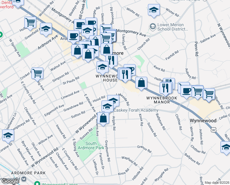 map of restaurants, bars, coffee shops, grocery stores, and more near 187 Lakeside Road in Ardmore