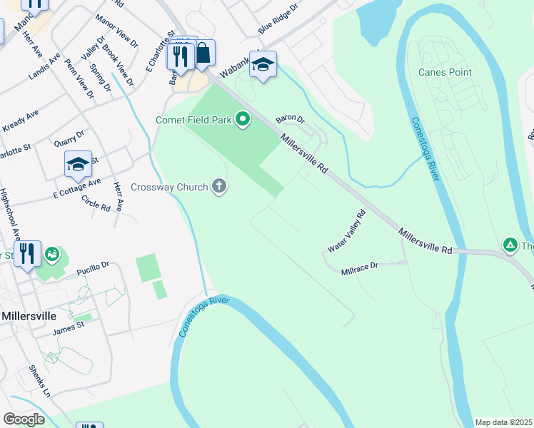 map of restaurants, bars, coffee shops, grocery stores, and more near 2504 Honeysuckle Lane in Lancaster