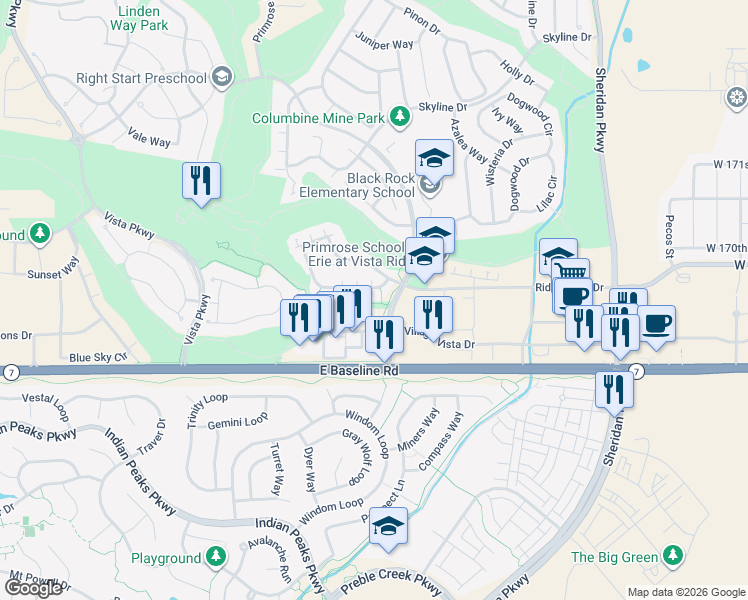 map of restaurants, bars, coffee shops, grocery stores, and more near 1950 Windemere Lane in Erie