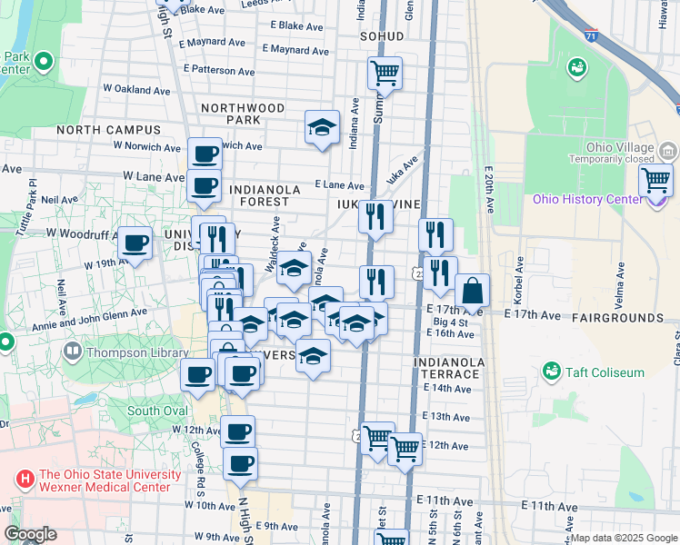 map of restaurants, bars, coffee shops, grocery stores, and more near 227 East 18th Avenue in Columbus