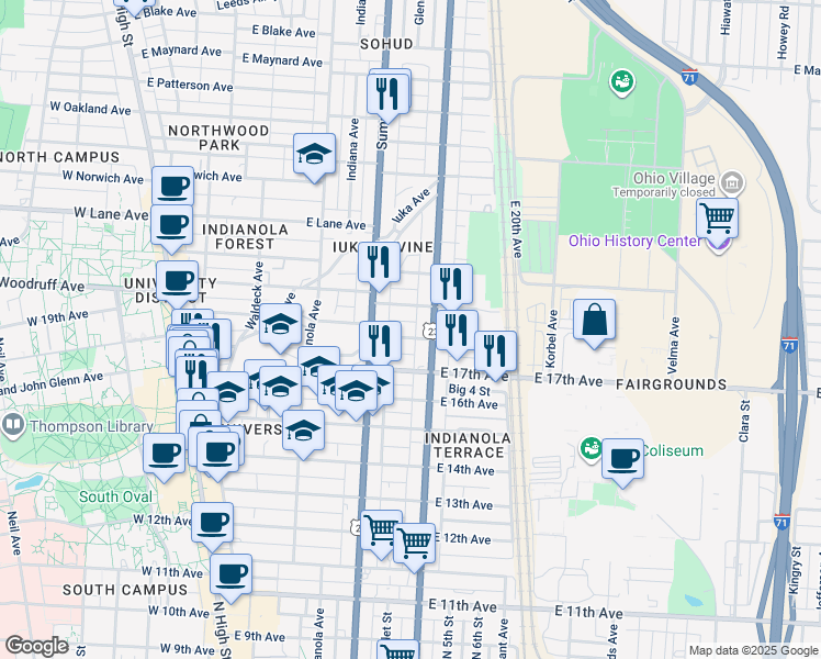 map of restaurants, bars, coffee shops, grocery stores, and more near 334 East 18th Avenue in Columbus