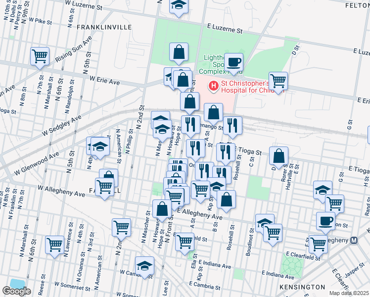 map of restaurants, bars, coffee shops, grocery stores, and more near 3445 North Front Street in Philadelphia