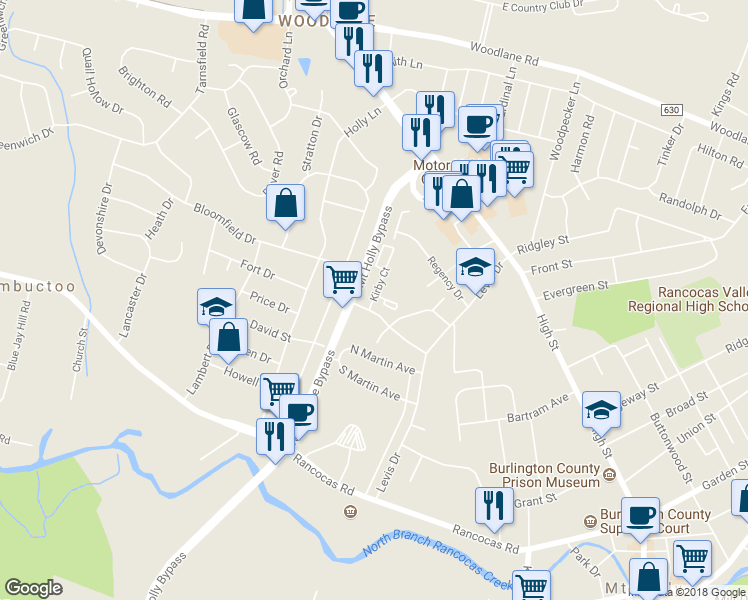 map of restaurants, bars, coffee shops, grocery stores, and more near 404 Kirby Court in Mount Holly