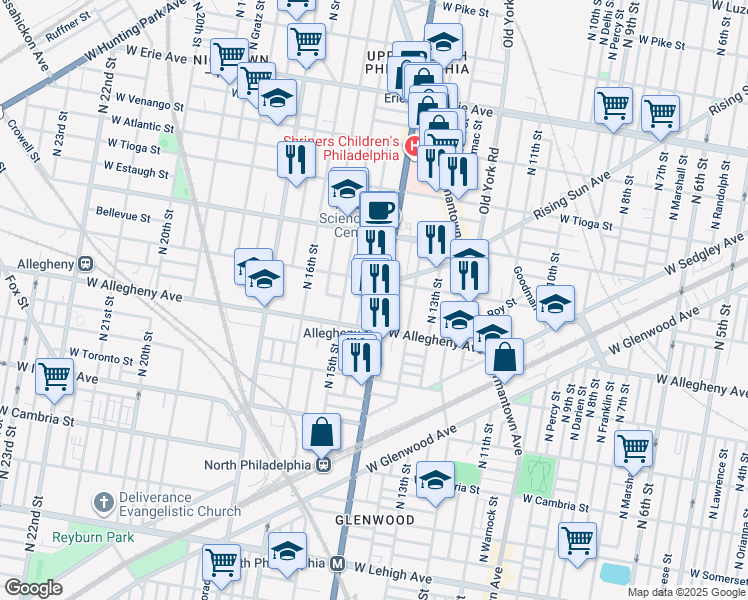 map of restaurants, bars, coffee shops, grocery stores, and more near in Philadelphia