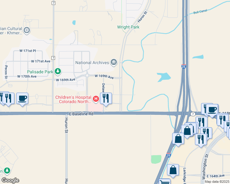 map of restaurants, bars, coffee shops, grocery stores, and more near 416 Spring Gulch Street in Erie